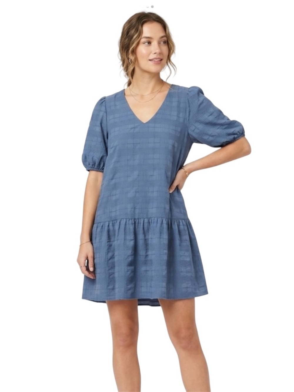 mbyM Fenello Plaid Textured Tiered Mini Dress Sz L Blue Cottagecore Boho Chic